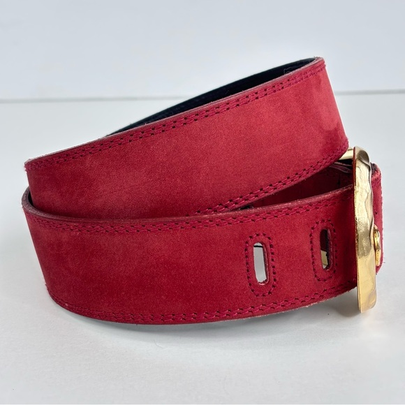 Express Red Suede Wide Retro Belt Curved Hammered Gold Buckle & Hardware Size M - Picture 11 of 13